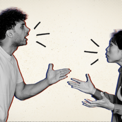 A man and woman facing each other, gesturing and appearing to argue, on a textured background. Triangular symbols suggest speech.