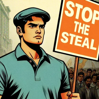 Illustration of a man in a cap holding a "Stop the Steal" sign amidst a crowd on a city street.