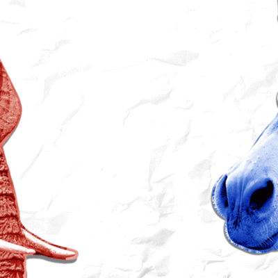 Illustration of a red elephant on the left and a blue donkey on the right, symbolizing political parties, on a crumpled white background.