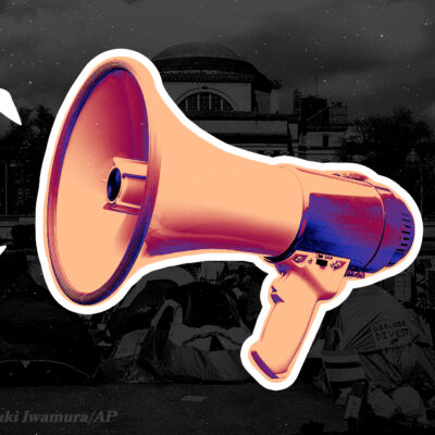 A stylized megaphone with vibrant colors set against a grayscale background of a city with tents.