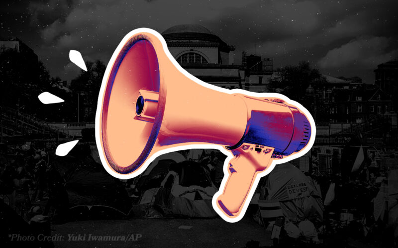 A stylized megaphone with vibrant colors set against a grayscale background of a city with tents.