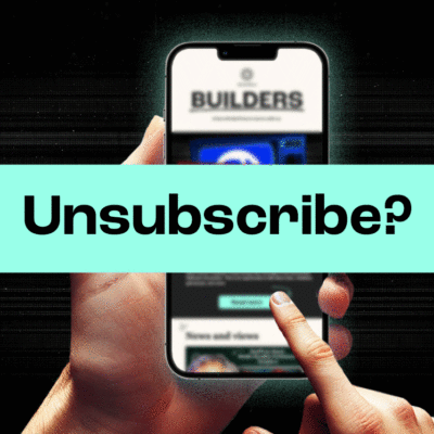 Person holding a phone with a finger poised over the screen. The text "Unsubscribe?" is overlaid.