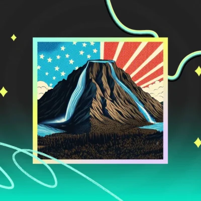 A stylized mountain with waterfalls, stars, and sun rays, framed within a colorful border on a dark background with abstract lines and shapes.