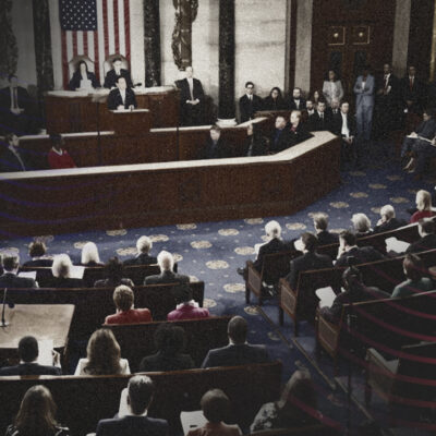 A formal gathering in a large hall with an American flag, featuring officials speaking and seated attendees, with red and blue wave patterns overlaying.