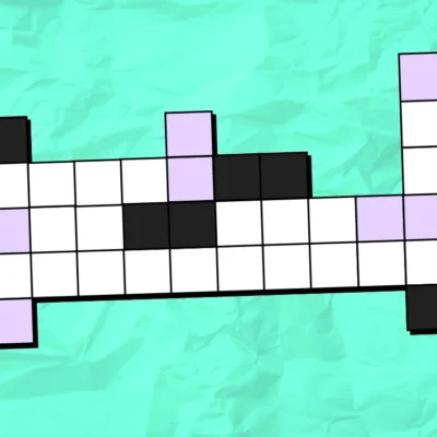 A half-completed crossword puzzle with some blacked-out squares and a yellow "P" tile on a textured turquoise background.