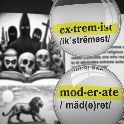 Magnifying glasses highlighting "extremist" and "moderate" in a dictionary. Background shows a drawing of masked figures and a lion.