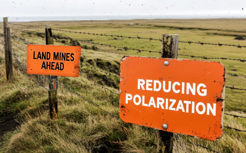 Two orange signs on a grassy landscape: one reads "LAND MINES AHEAD" and the other "REDUCING POLARIZATION." Both are attached to a barbed wire fence.