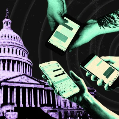 Illustration of hands holding phones with messages, overlayed on a stylized image of the U.S. Capitol building.