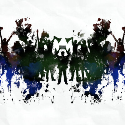 Silhouettes of people with megaphones and flags, surrounded by colorful paint splatters in black, green, blue, and red on a white background.