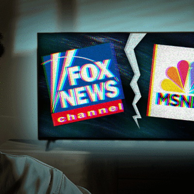 Person watching a TV screen showing cracked logos of Fox News Channel and MSNBC, symbolizing media division.