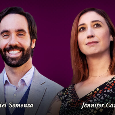 A man in a suit and a woman in a patterned blouse stand against a purple background, with names "Daniel Semenza" and "Jennifer Carlson" below.