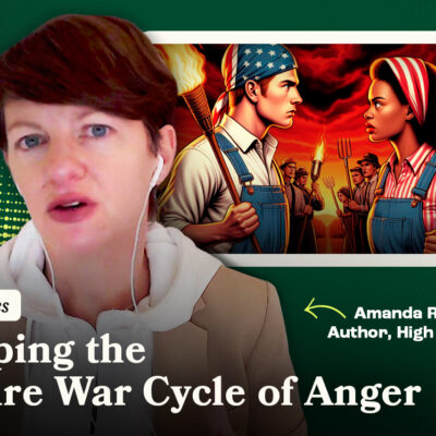 A woman speaks with a backdrop of a graphic showing two opposing sides in a cultural conflict. Text: "Escaping the Culture War Cycle of Anger.