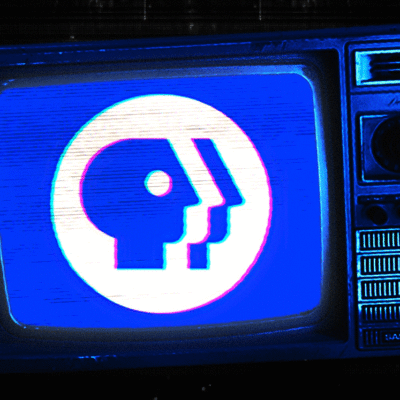 Retro TV displaying a blue screen with a stylized face logo.