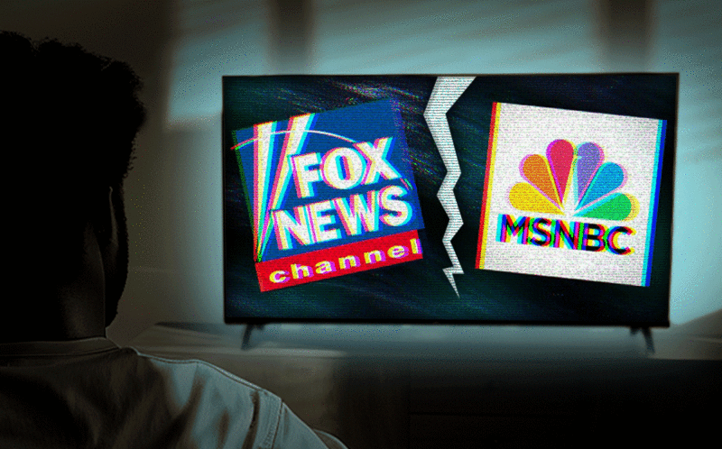 Person watching a TV screen showing cracked logos of Fox News Channel and MSNBC, symbolizing media division.