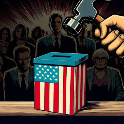 Hand with a gavel above a U.S. flag-covered ballot box, with a somber crowd standing in the background.