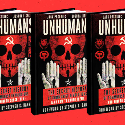 Three copies of the book "Unhumans" with a red cover featuring a skull, hammer and sickle, and other symbols.