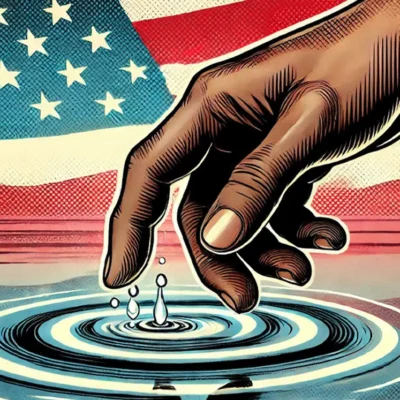 Illustration of a hand touching water, creating ripples, with the U.S. flag in the background.