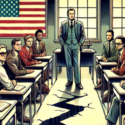 A teacher stands in front of a classroom with students in desks, with a large crack on the floor. An American flag hangs on the wall.