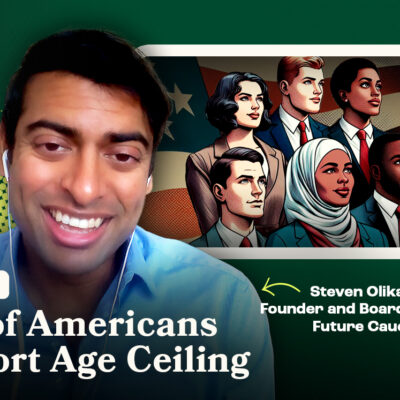 Smiling man in a video call; illustration of diverse professionals beside him. Text reads: "67% of Americans Support Age Ceiling.