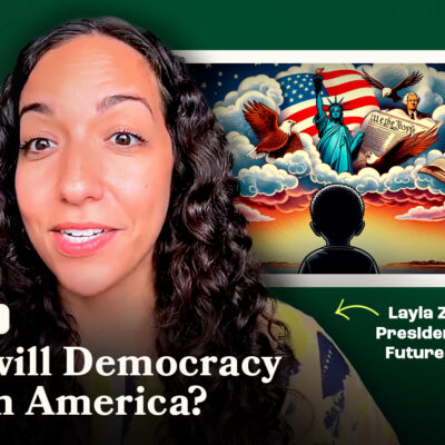 A woman smiling with text: "12 Geniuses: How will Democracy Last in America?" Background shows a child facing patriotic imagery.