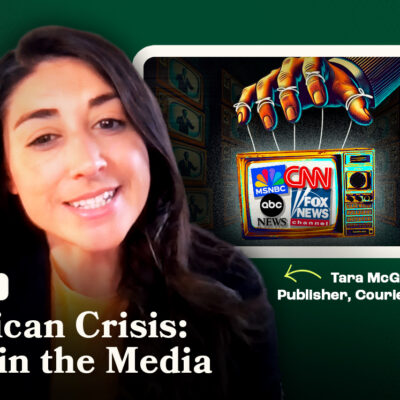 A woman speaks via video call next to an illustration of a hand holding TV logos, with text: "American Crisis: Trust in the Media.