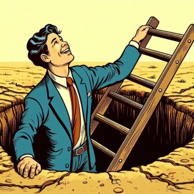 Man in a suit climbing a ladder out of a cracked ground hole, smiling and looking upwards against a yellow background.