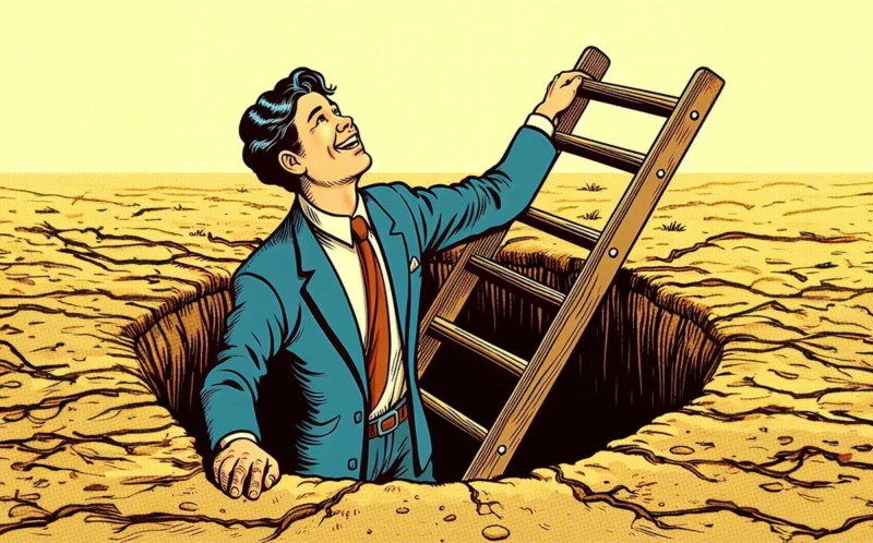 Man in a suit climbing a ladder out of a cracked ground hole, smiling and looking upwards against a yellow background.