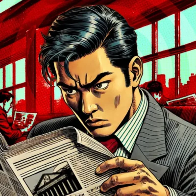 Comic-style illustration of a man in a suit reading a newspaper intently on a red train, with other passengers visible in the background.