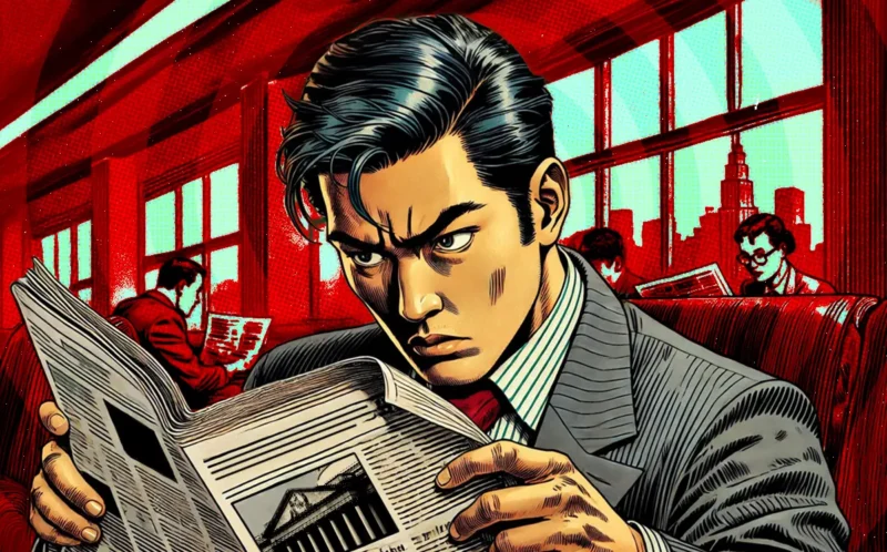 Comic-style illustration of a man in a suit reading a newspaper intently on a red train, with other passengers visible in the background.