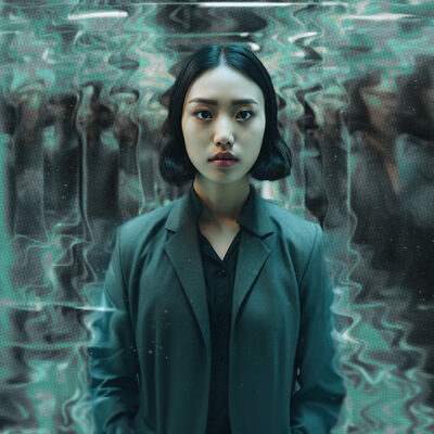 A woman with short hair in a suit stands confidently, surrounded by a distorted mirror effect reflecting multiple blurred figures.