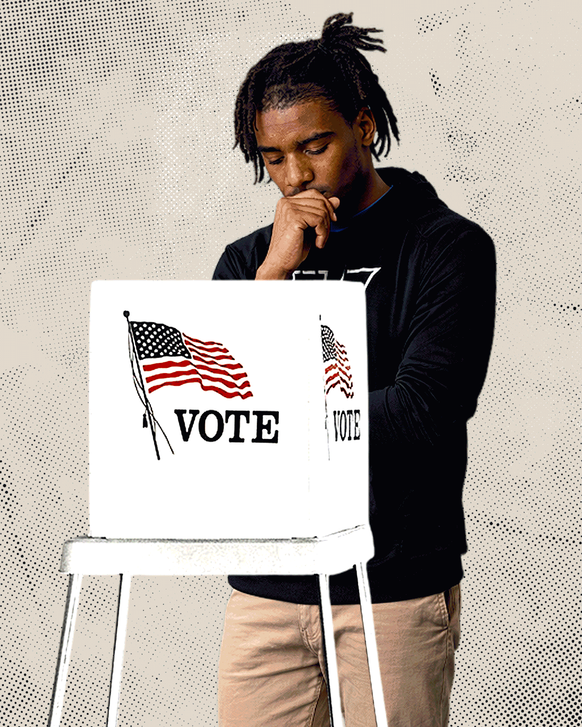 Diverse people standing at a voting booth deciding who to vote for.