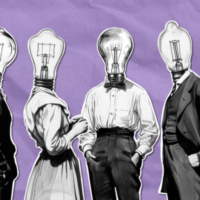 Illustration of four people in vintage clothing with light bulbs as heads, standing against a textured purple background.