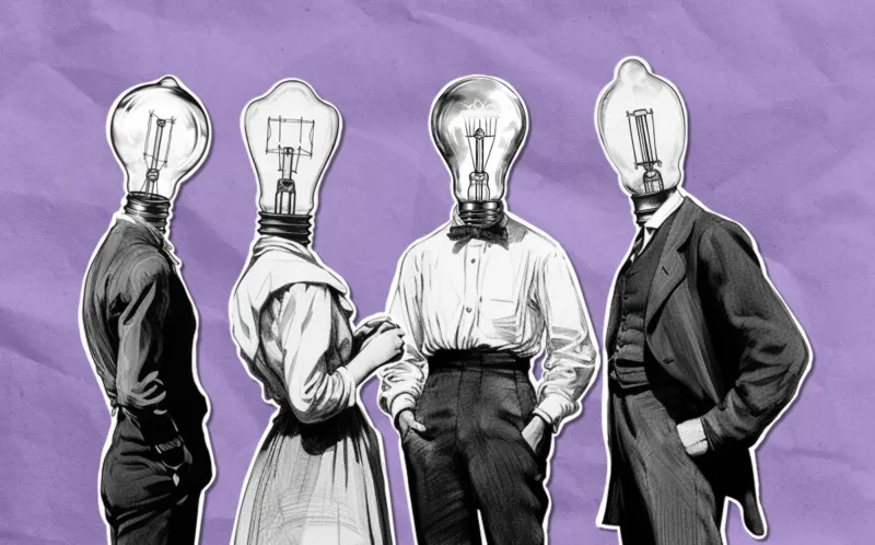 Four people with light bulb heads, wearing vintage clothing, stand against a purple background.