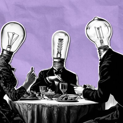 Three people with lightbulbs for heads sit around a dining table against a purple background.