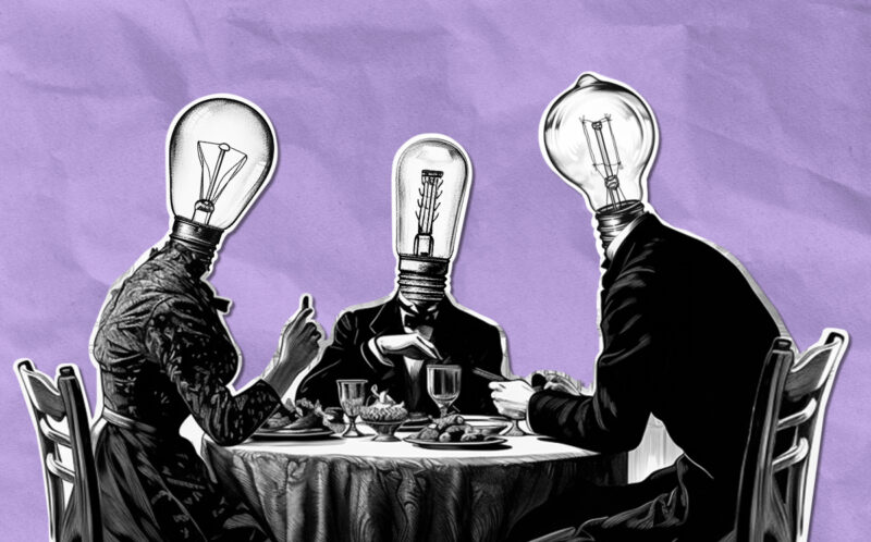 Three people with lightbulbs for heads sit around a dining table against a purple background.