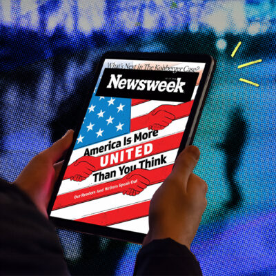 Person holding a tablet displaying a Newsweek cover with American flag elements and the headline, "America Is More United Than You Think.