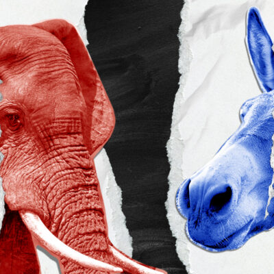 Torn red elephant and blue donkey images on a textured background, symbolizing political division.