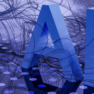 The image shows large, blue "AI" letters surrounded by abstract, black, swirling lines on a reflective, dotted surface.