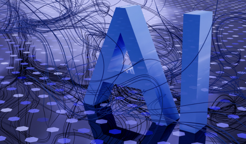 The image shows large, blue "AI" letters surrounded by abstract, black, swirling lines on a reflective, dotted surface.