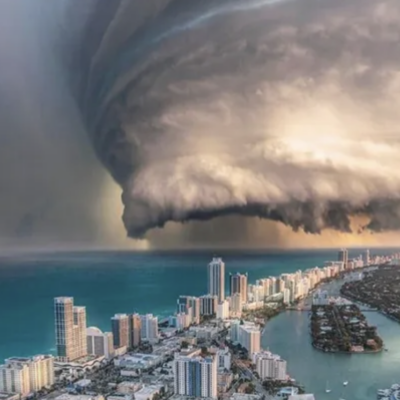 Massive swirling storm cloud over a coastal city skyline with tall buildings and a body of water.