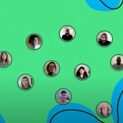 A green map-like background features 15 circular photos of diverse individuals scattered across the surface.