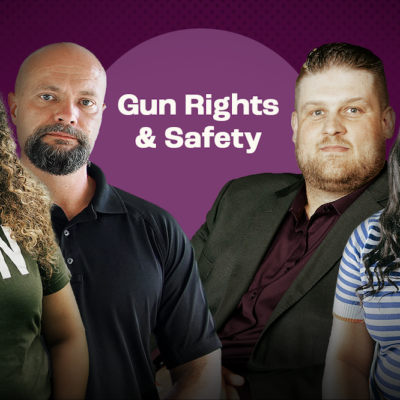 Four people standing against a purple background with the text "Gun Rights & Safety" in the center.