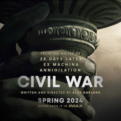 Close-up of a hand holding a statue's base with text about "Civil War," a film by Alex Garland, slated for IMAX release in Spring 2024.