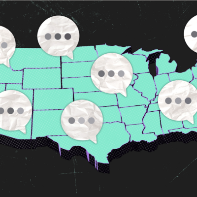 A map of the USA with overlapping speech bubbles containing ellipses, indicating communication or conversation across various regions.