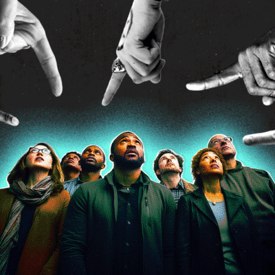 A group of people look up, surrounded by pointing hands from above. The image has a blue glow around the figures.