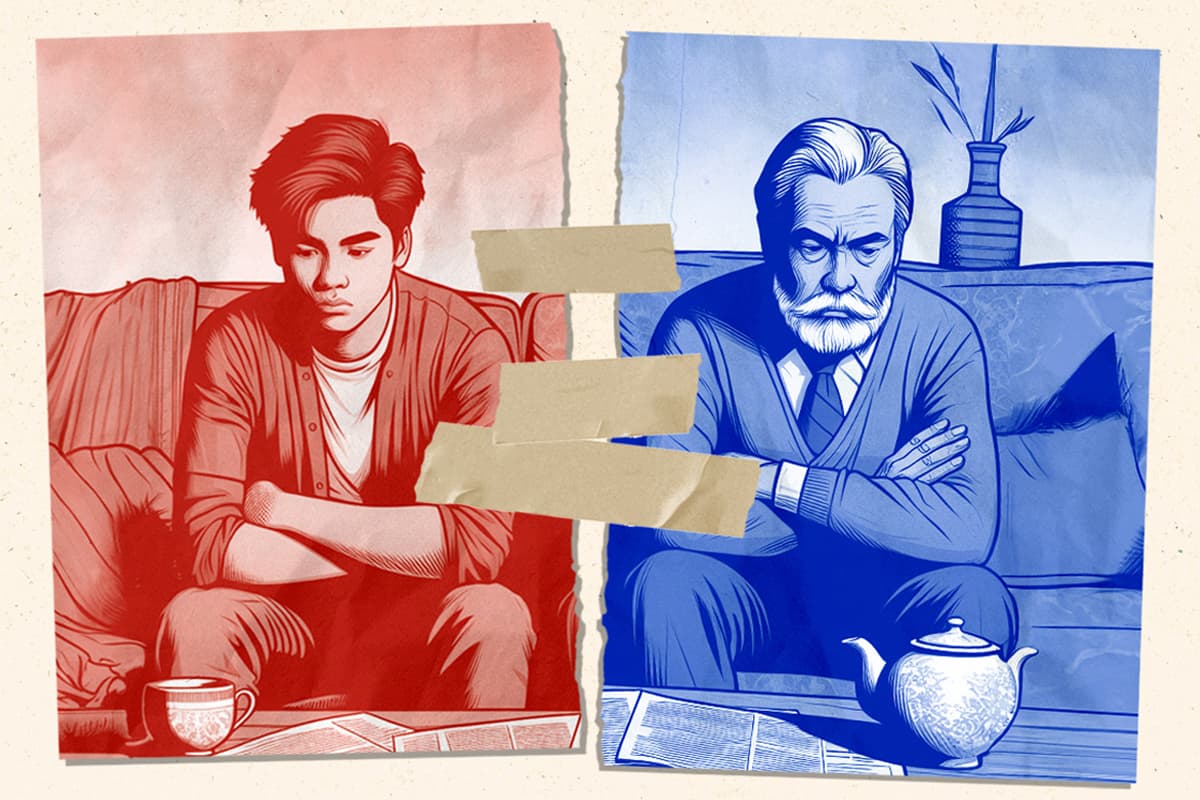 Two men in a split graphic, one young and red-toned, the other older and blue-toned, sitting in contemplation.
