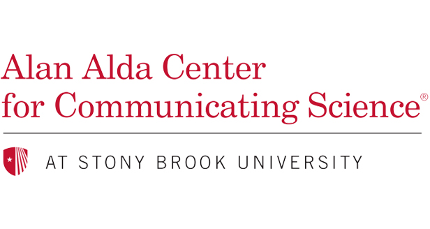 Logo for the Alan Alda Center for Communicating Science at Stony Brook University. Red text with a thin line and a shield emblem.