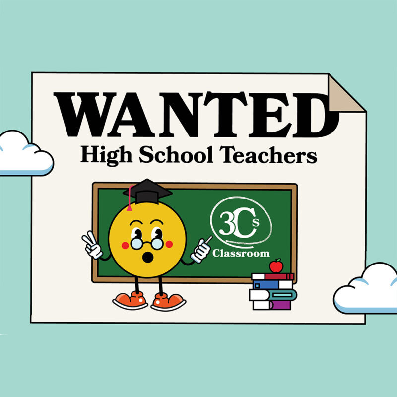 A cartoon yellow face with glasses and a graduation cap points to a chalkboard. Text reads "WANTED High School Teachers." Books and apple visible.