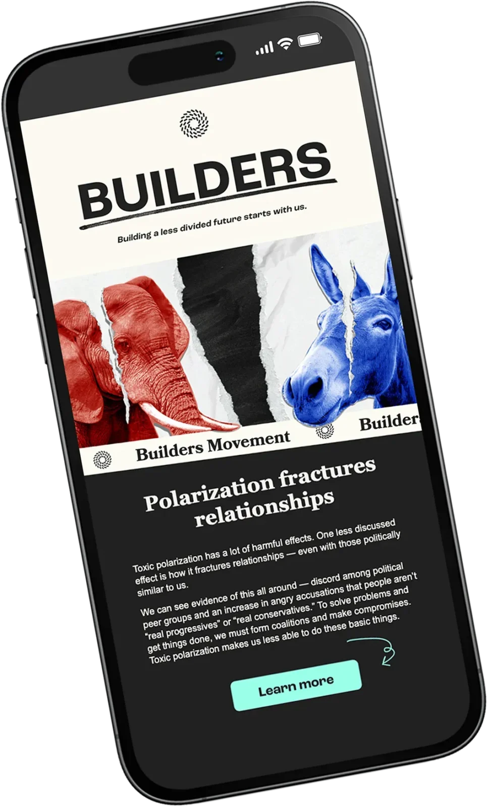 builders-newsletter-phone-1-2 Smartphone displaying a screen with art featuring a red elephant and blue donkey, headline "Builders," and text on polarization and relationships.
