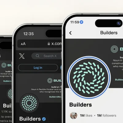 Three smartphone screens displaying a social media profile for "Builders" with a circular logo and definition text.